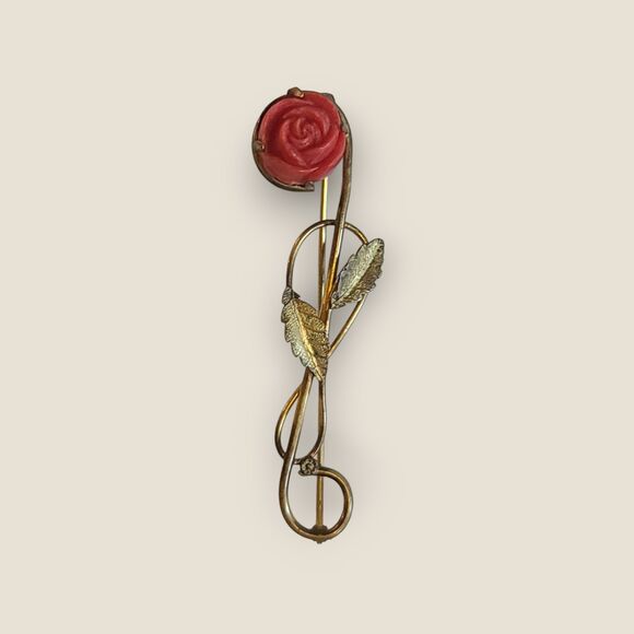 Vintage Antique Gold Metal Rose Flower Brooch Pin with Red Dimensional Bloom - Picture 5 of 11